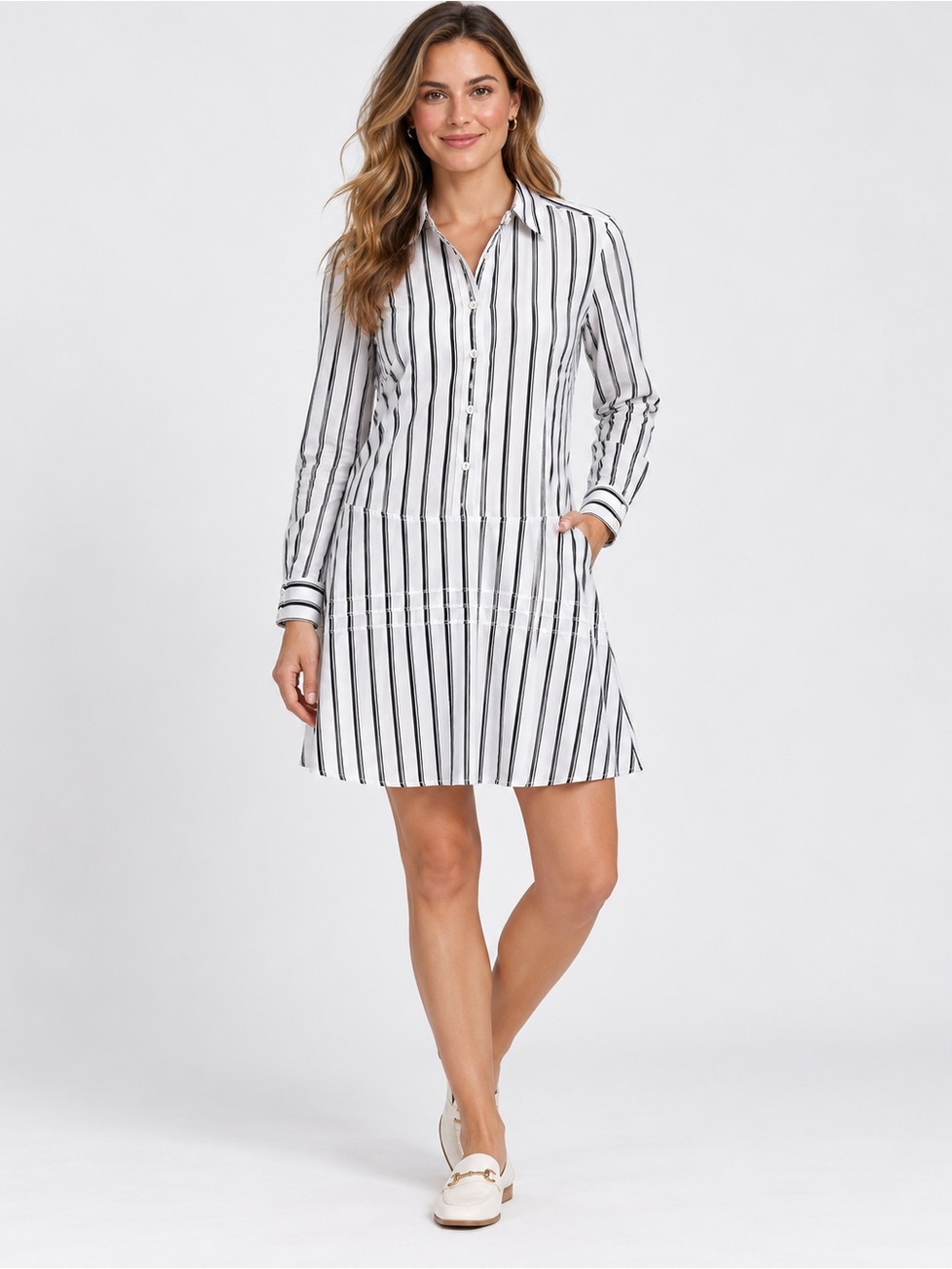 10 Crosby Derek Lam White and Black Striped Midi Shirt Dress